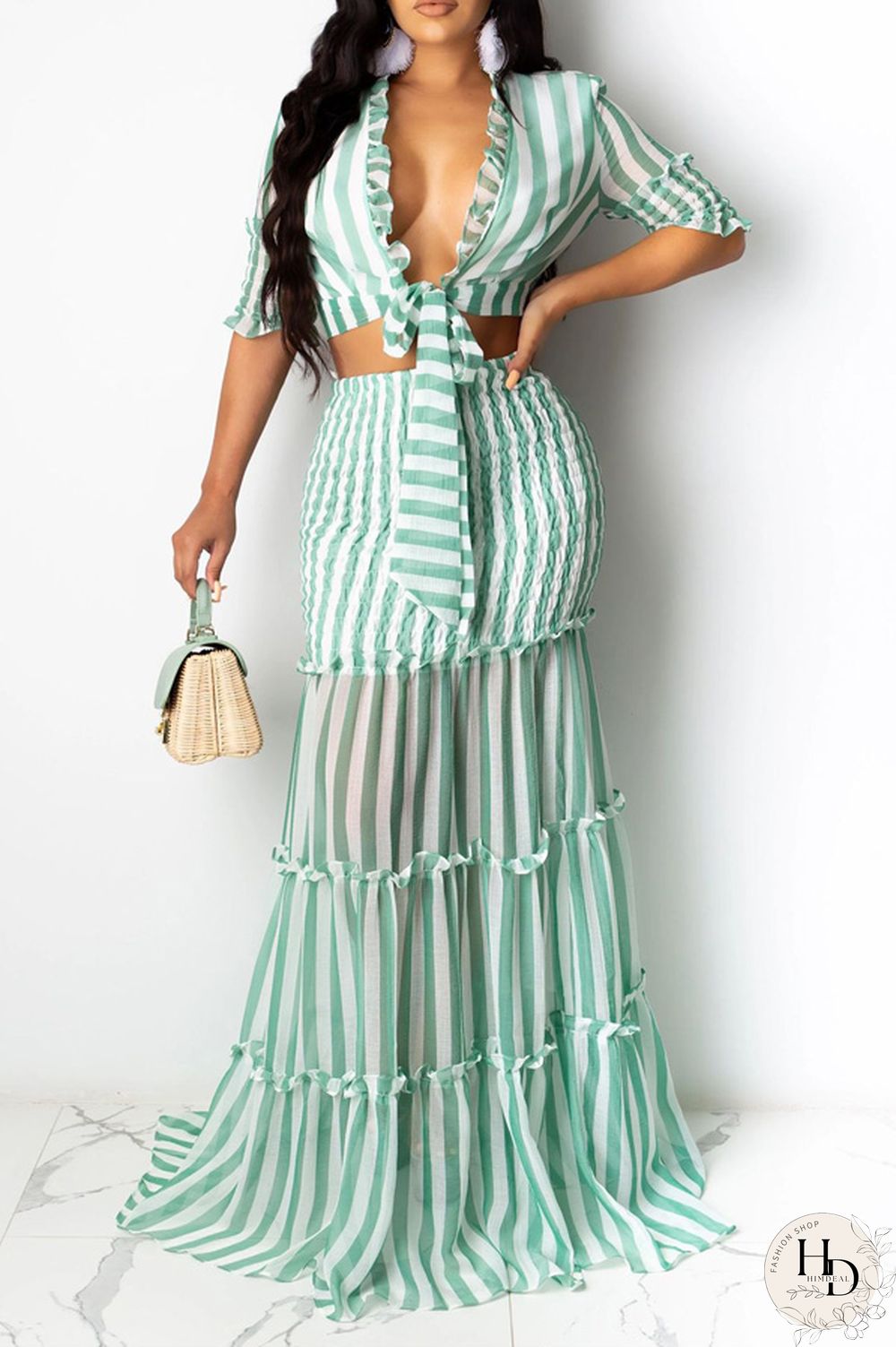 Yellow Casual 3/4 Length Sleeves V Neck Slim Dress Floor-Length Striped Print Patchwork Dresses