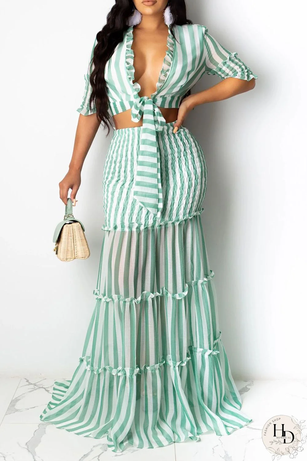 Yellow Casual 3/4 Length Sleeves V Neck Slim Dress Floor-Length Striped Print Patchwork Dresses
