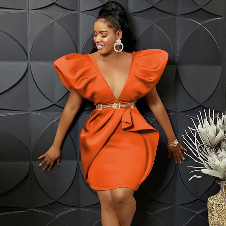 Deep V Neck Dresses Cape Sleeve High Waist Sexy Bodycon Ruffles Ladies Cocktail Club Party Event Outfits for Women Summer 4XL QueenFunky