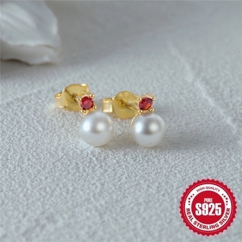 1 Pair 925 Sterling Silver Pearl Zircon Geometric Ear Studs