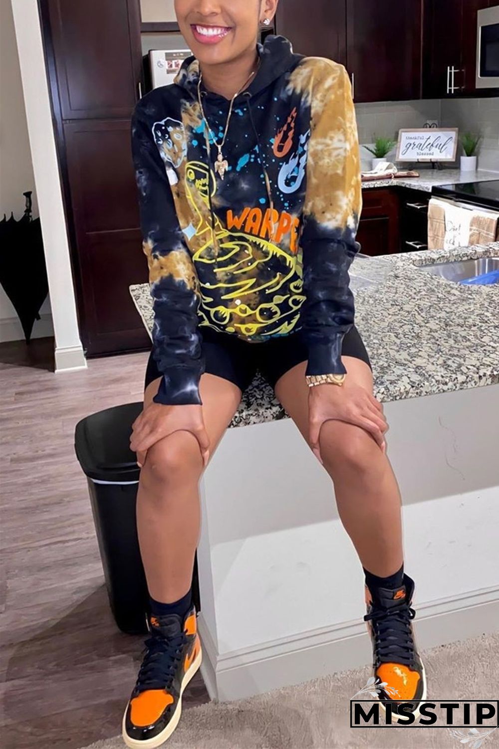 Deep Blue Fashion Casual Hooded Collar Long Sleeve Regular Sleeve Regular Print Tops