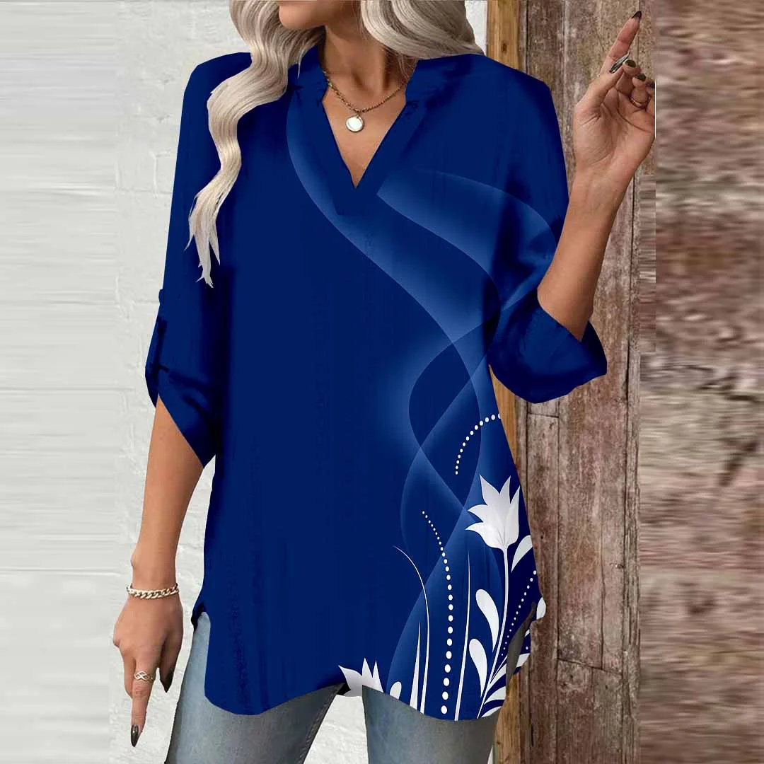 Women Abstract,Blue,White DZGA0728 3/4 Sleeve V-neck Printed Graphic Button Tops