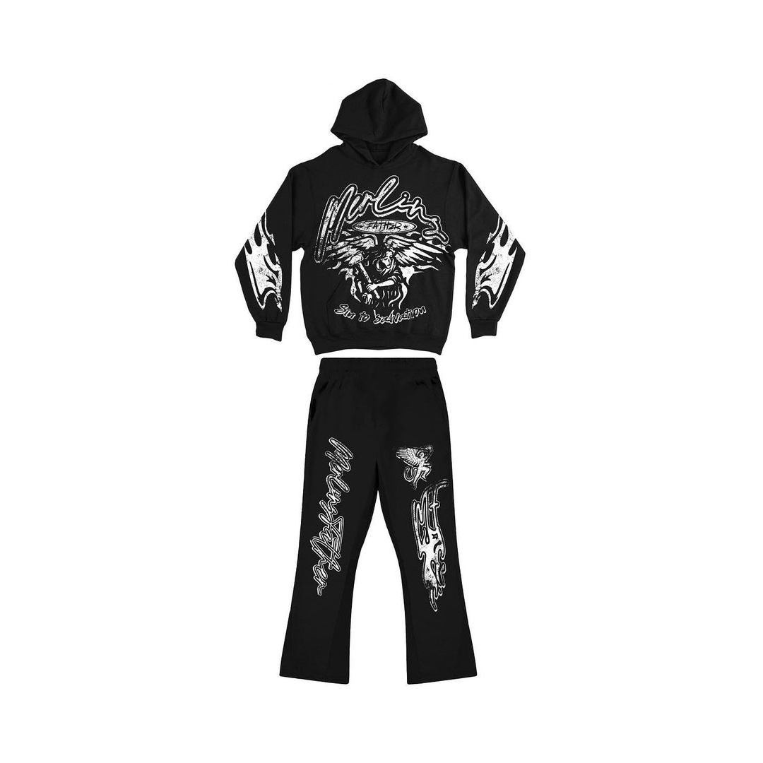 Black Flame Angel Print Hoodie & Flared Trousers Co-Ord