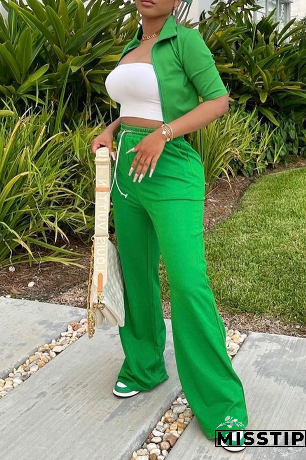 Green Casual Solid Patchwork Turndown Collar Short Sleeve Two Pieces