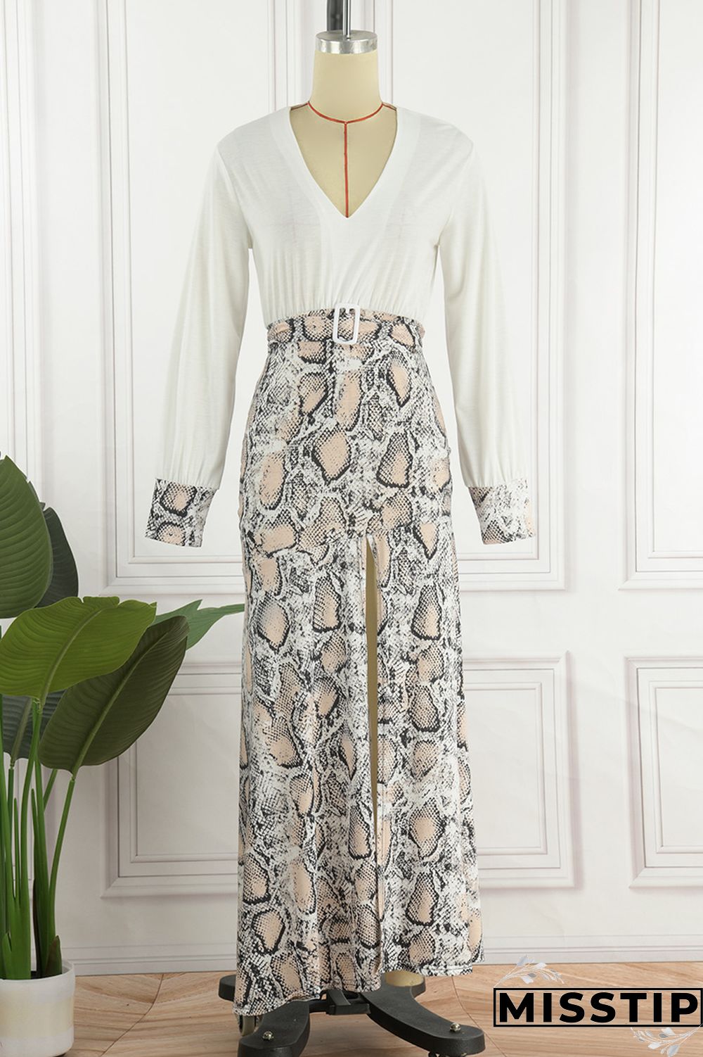 Brown Casual Print Patchwork Slit V Neck Long Sleeve Dresses