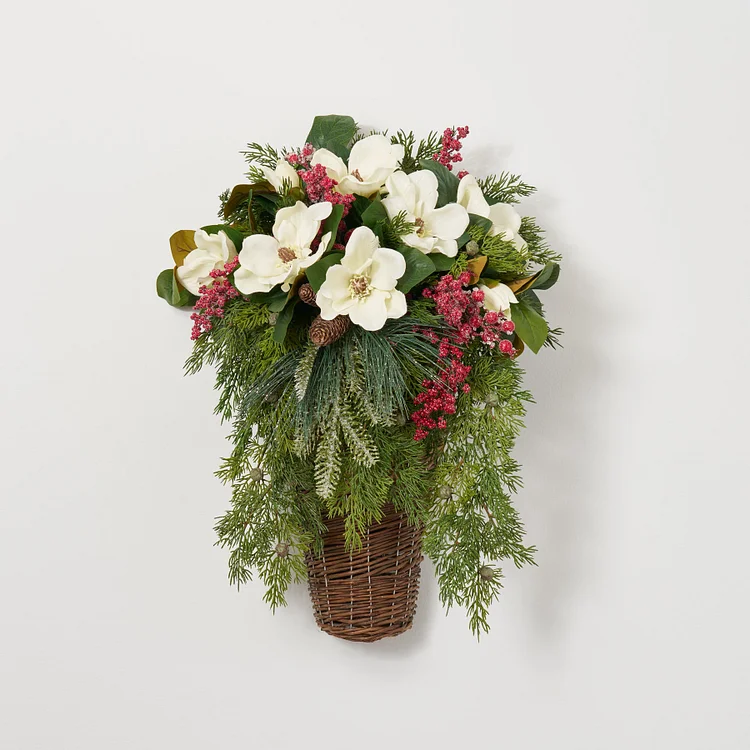 The Holiday Home - Magnolia Blossom, Juniper, Berry, & Long Needle Pinecone Front Door Holiday Hanging Basket