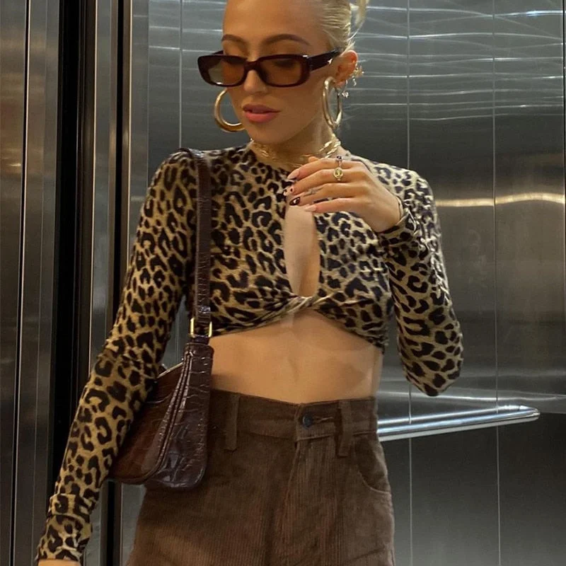 2021 Leopard Sexy T shirts Women Hollow out Crop Tops Fashion Streetwear Lady Long Sleeve Front Open Tees Party Clubwear tshirt