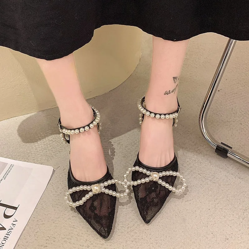 Elegant Ladies Pearl Strap Pumps 2022 Summer Sexy Black Mesh High Heels Sandals Women Pointed Toe Thin Heeled Dress Shoes