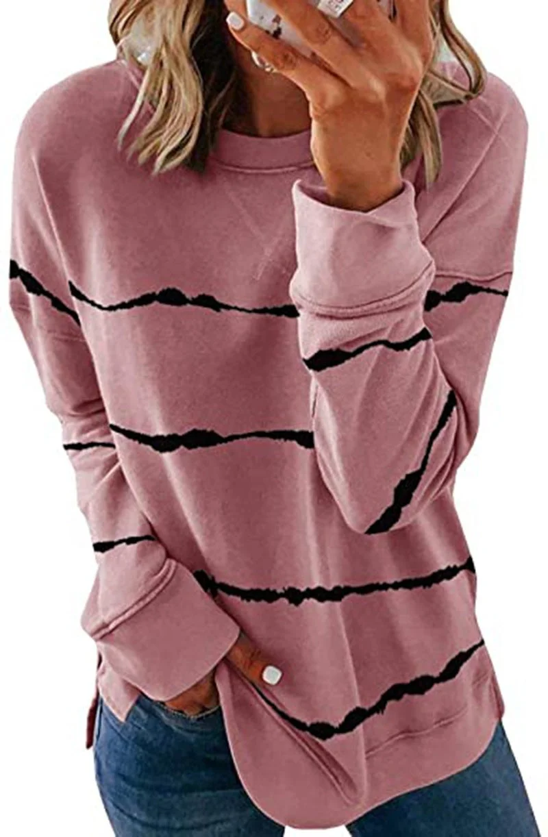 Brownm Tie-dyed Printed Striped Round Neck Loose Blouses