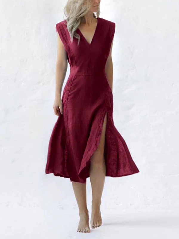 Elegant V-Neck With Side Slit Midi Dress