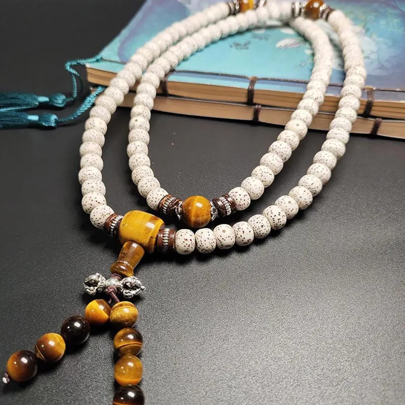 Natural Bodhi Seed Tiger Eye Wisdom Peace Bracelet Necklace Mala