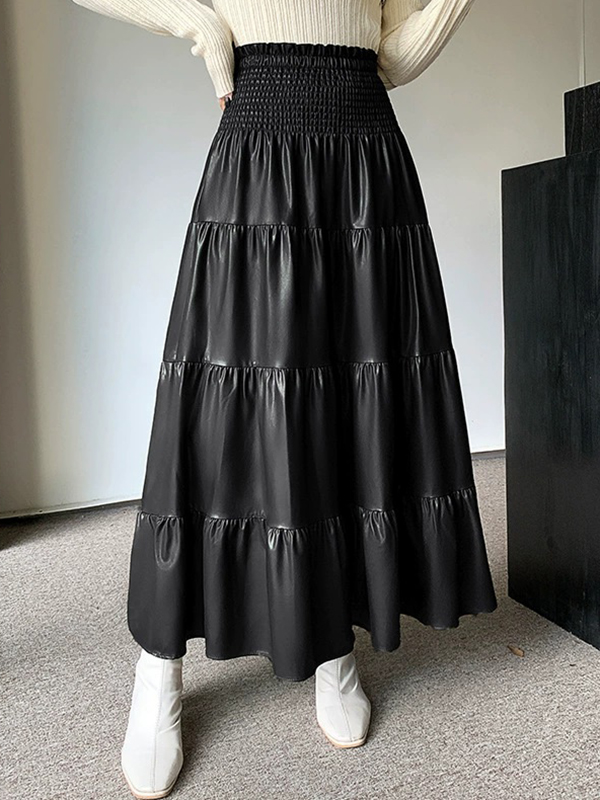 Loose and Tight Waist Pleated PU Leather Skirt