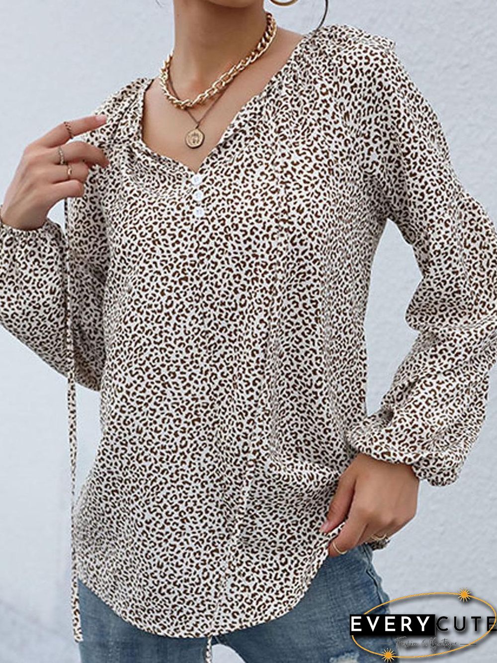 V-neck Leopard Print Casual Long Sleeve Blouse