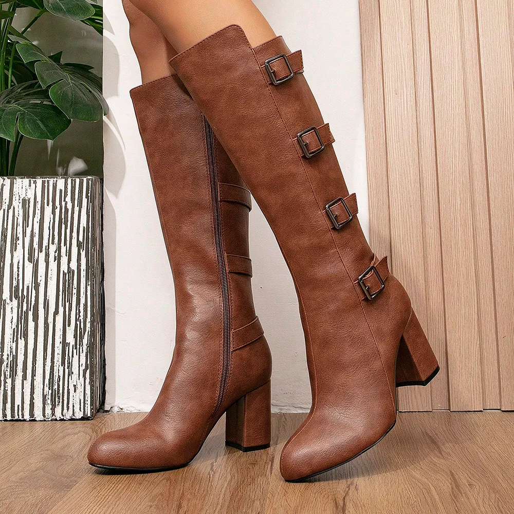 Brown Vegan Leather  Closed Toe Knee High Buckled Side-Zip Winter Boots With Chunky Heels Nicepairs