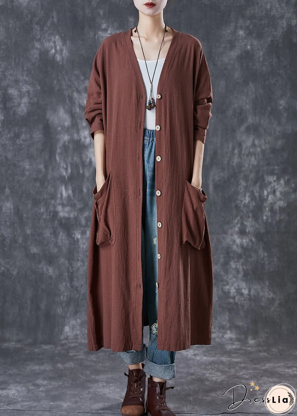 Modern Chocolate Oversized Pockets Linen Trench Spring