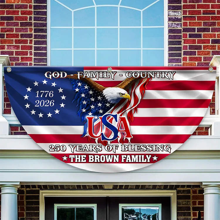 Personalized 250 Years of Freedom America Flag Custom Family Name 250 Years of Blessing 1776 2026 USA Patriotic Non-Pleated Fan Flag