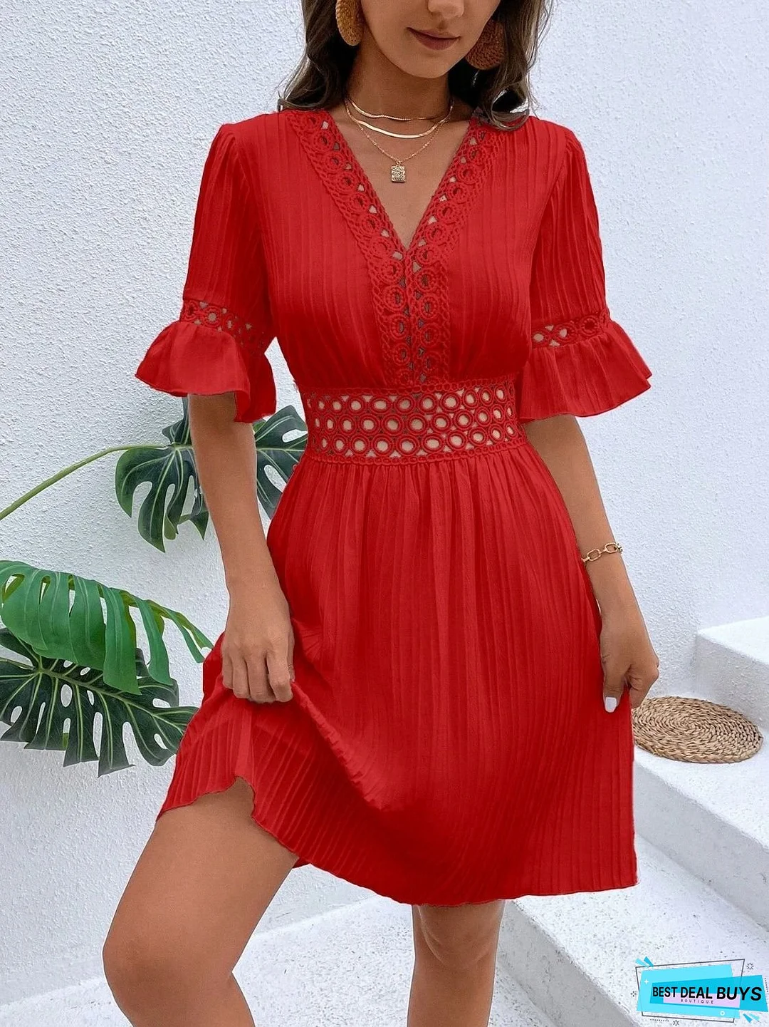 Cutout V-Neck Flounce Sleeve Mini Dress
