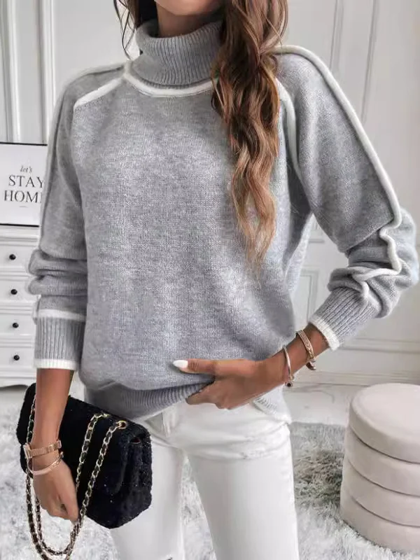 Split-Joint Contrast Color Loose Long Sleeves High Neck Sweater Tops