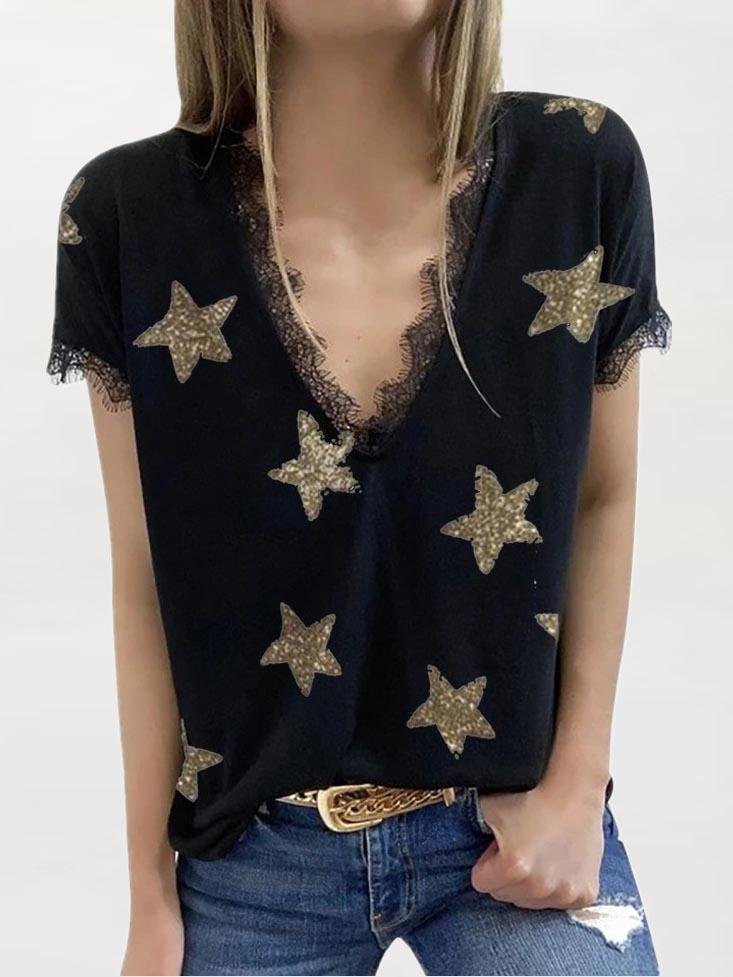 Women V-neck Short Sleeve Star Printed Lace Stitching Top T-shirt
