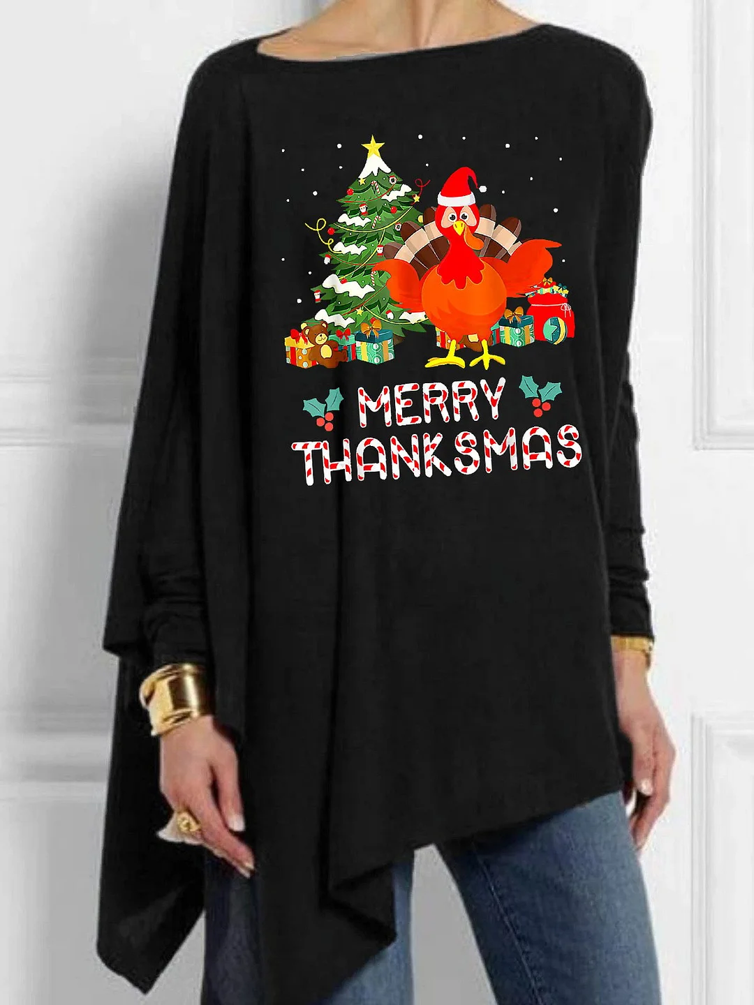 Women's Merry Thanksmas Turkey Tree Print Casual Top