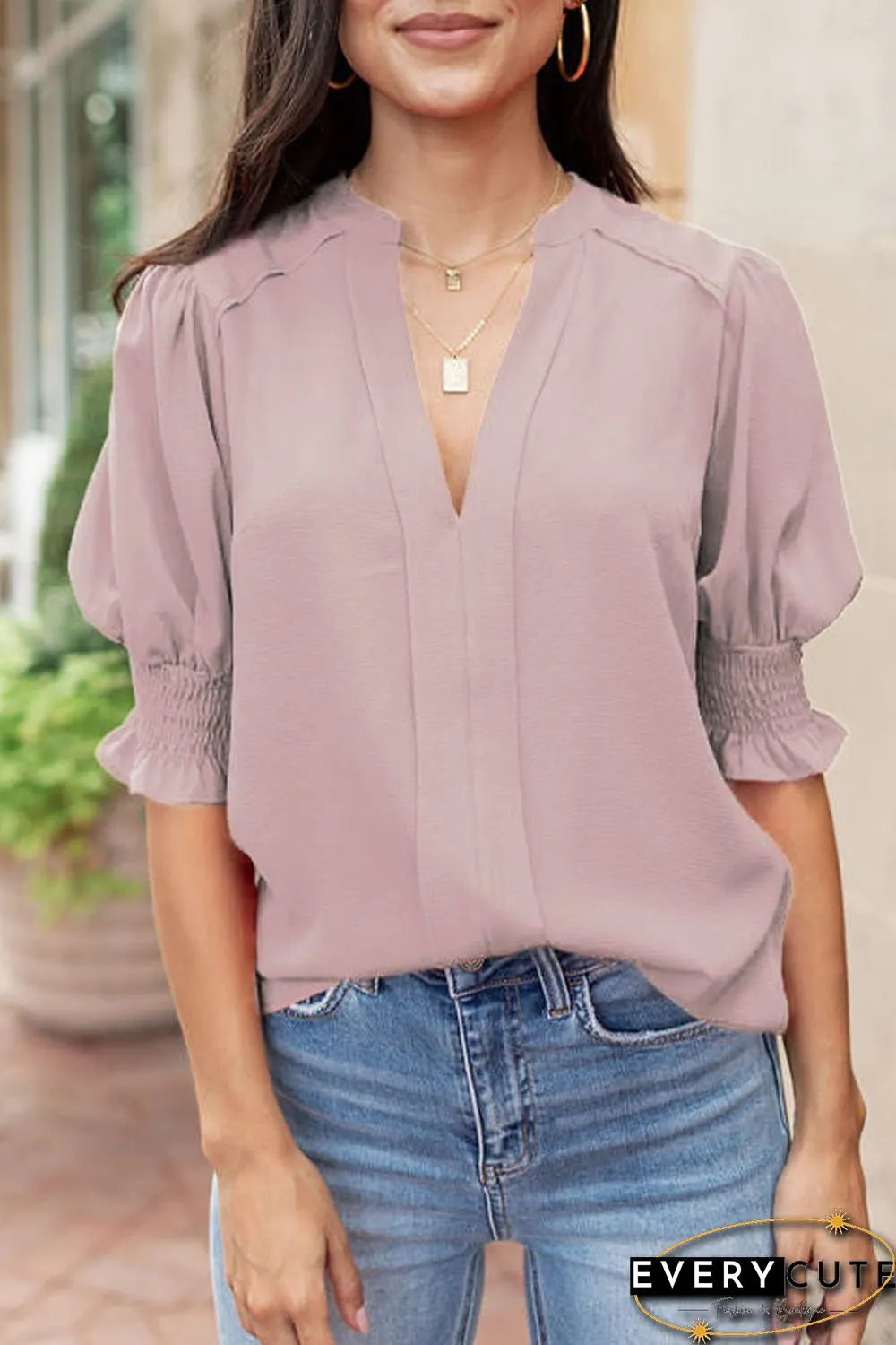 Pink Solid Color Half Sleeve V Neck Blouse