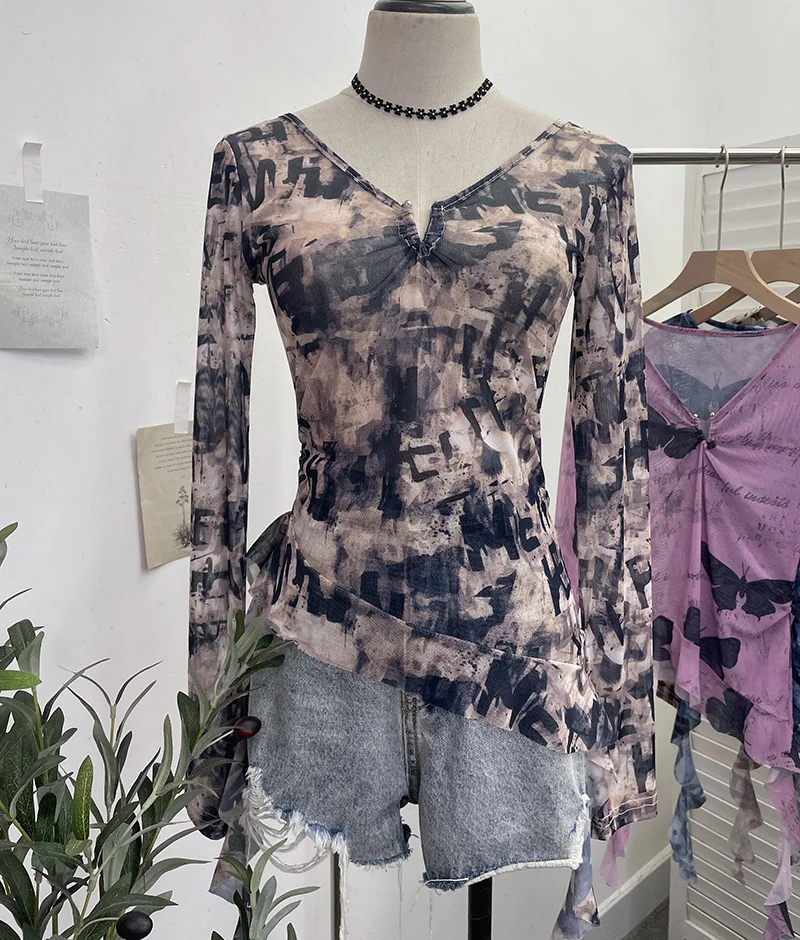 Churchf Dizziness Printing Mesh T-Shirt T-Shirt Irregular Lotus Leaf Side Ribbon Short Coat 9927
