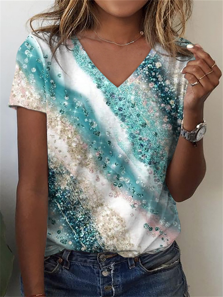 3D Digital Printing V-neck Casual Short-sleeved Female T-shirt Women's Faux Cotton