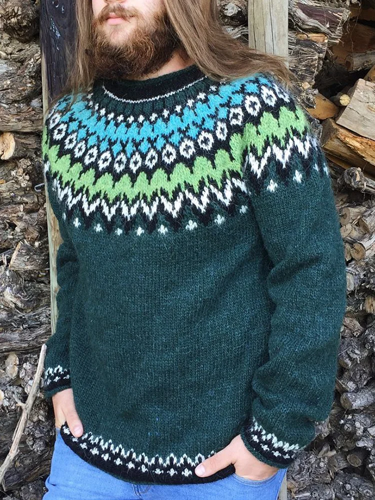 Vintage Green Icelandic Knit Crew Neck Sweater
