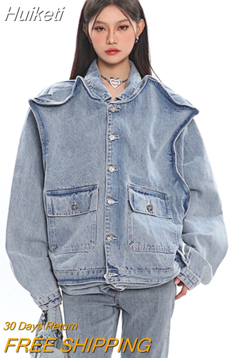 Huiketi Large Pocket Vintage Denim Jacket Streetwear Long Sleeve Cool Coat For Women Oversize 2023 Spring Y2k Clothes 5R1112
