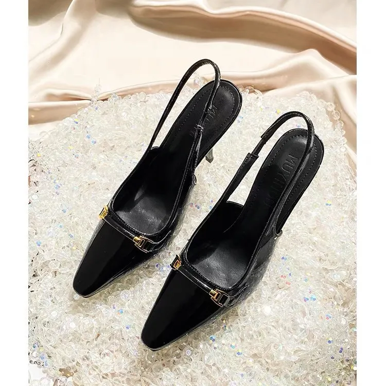 Breakj Breakj Spring And Summer New Black Patent Leather French High Heel Women's Fine Heel Single-Shoe Temperament Niche Pointed Sandals