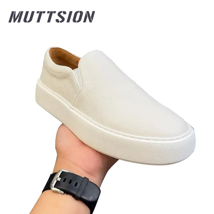 MUTTSION Handemade Retro Genuine Leather Breathable Soft Leather Casual Men's White Sneakers
