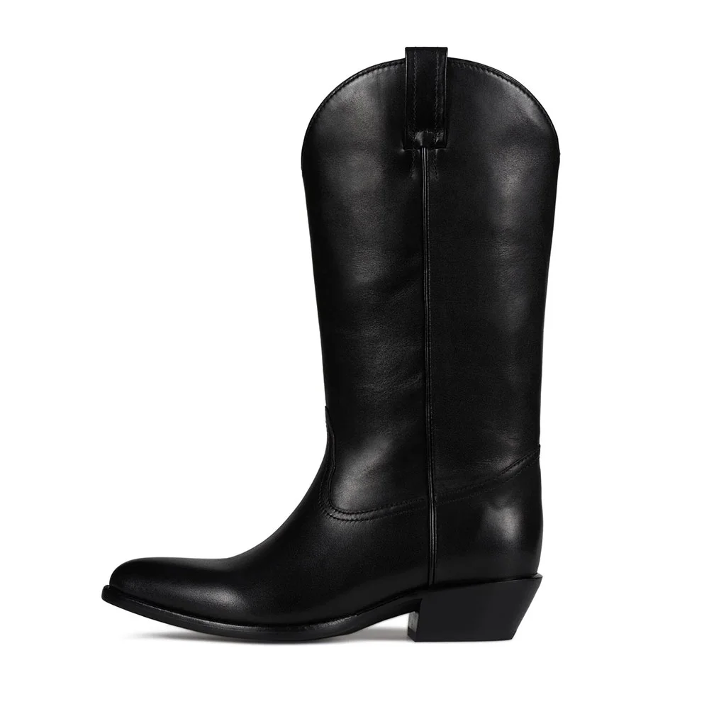 Black Faux Leather Pointed Toe Chunky Heel Pull On Cowgirl Boots