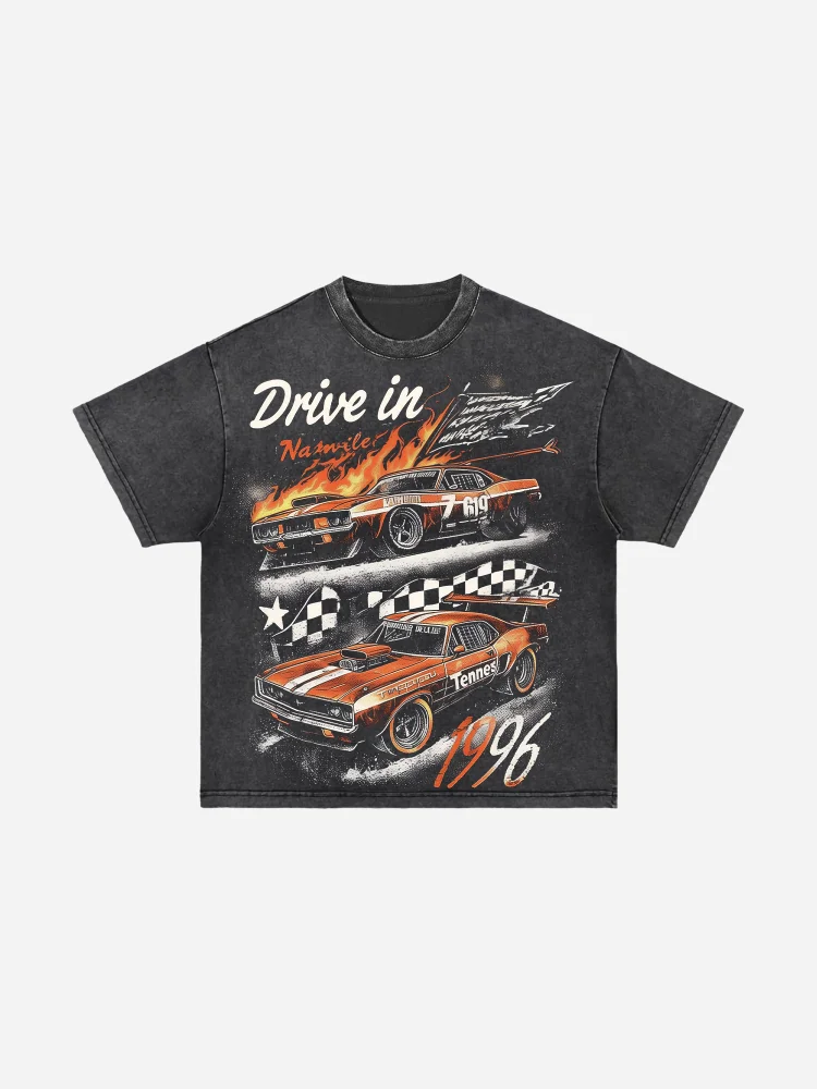 Men's Vintage Racing Flame Graphic Acid Wash T-shirt