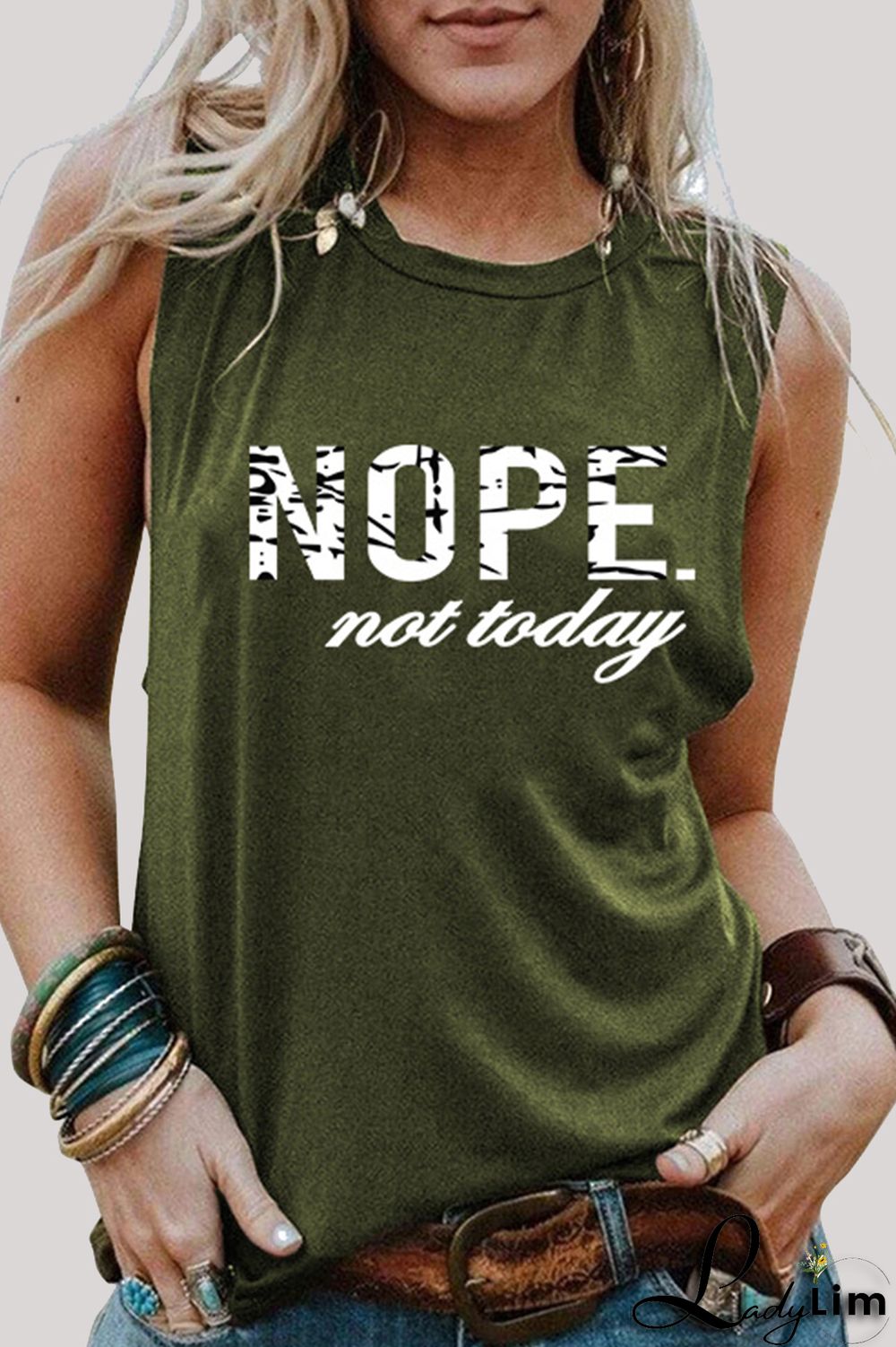 Army Green Fashion Casual Letter Print Basic O Neck Tops