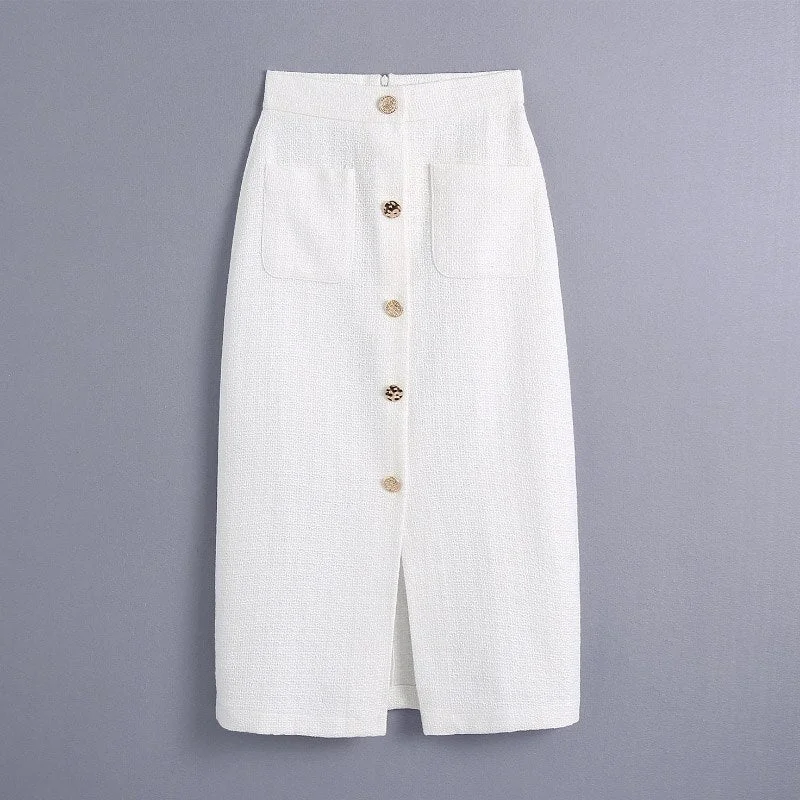 Aachoae Women White Tweed Midi Skirts With Pockets Fashion A Line Split Button Fly Skirts Office Lady High Waist Skirt Faldas