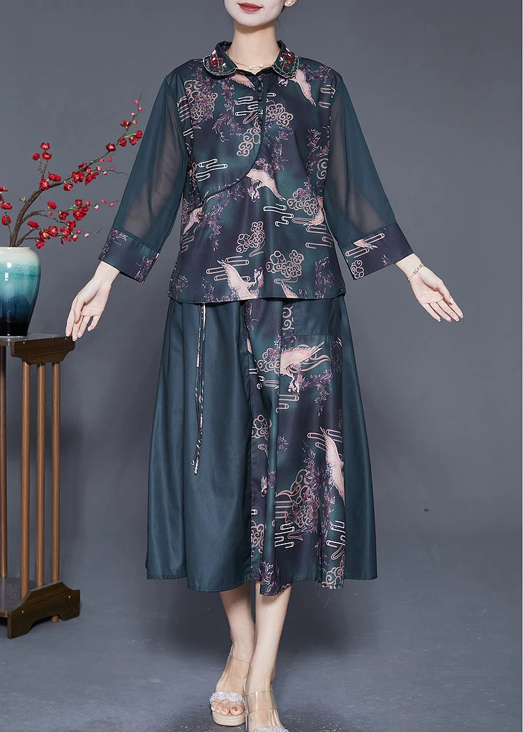 Women Blackish Green Embroideried Patchwork Print Silk Two Pieces Set Summer