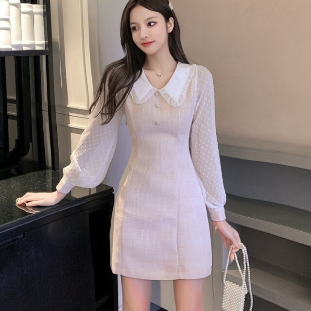 LANFUBEISI High Quality Fashion Sweet Women's Long Sleeve Pink Tweed Mesh Patchwork Dresses Fall Winter Polka  Dot Office Work Vesitdos LANFUBEISI