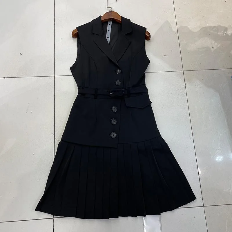 ABEBEY Minimalist Patchwork Dress For Women Notched Collar Sleeveless High Waist Sashes Pleated Dresses Female 2023 New
