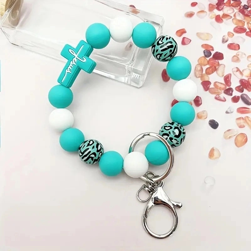 Casual Classic Style Sports Cross Leopard Alloy Wooden Beads Silica Gel Beaded Keychain