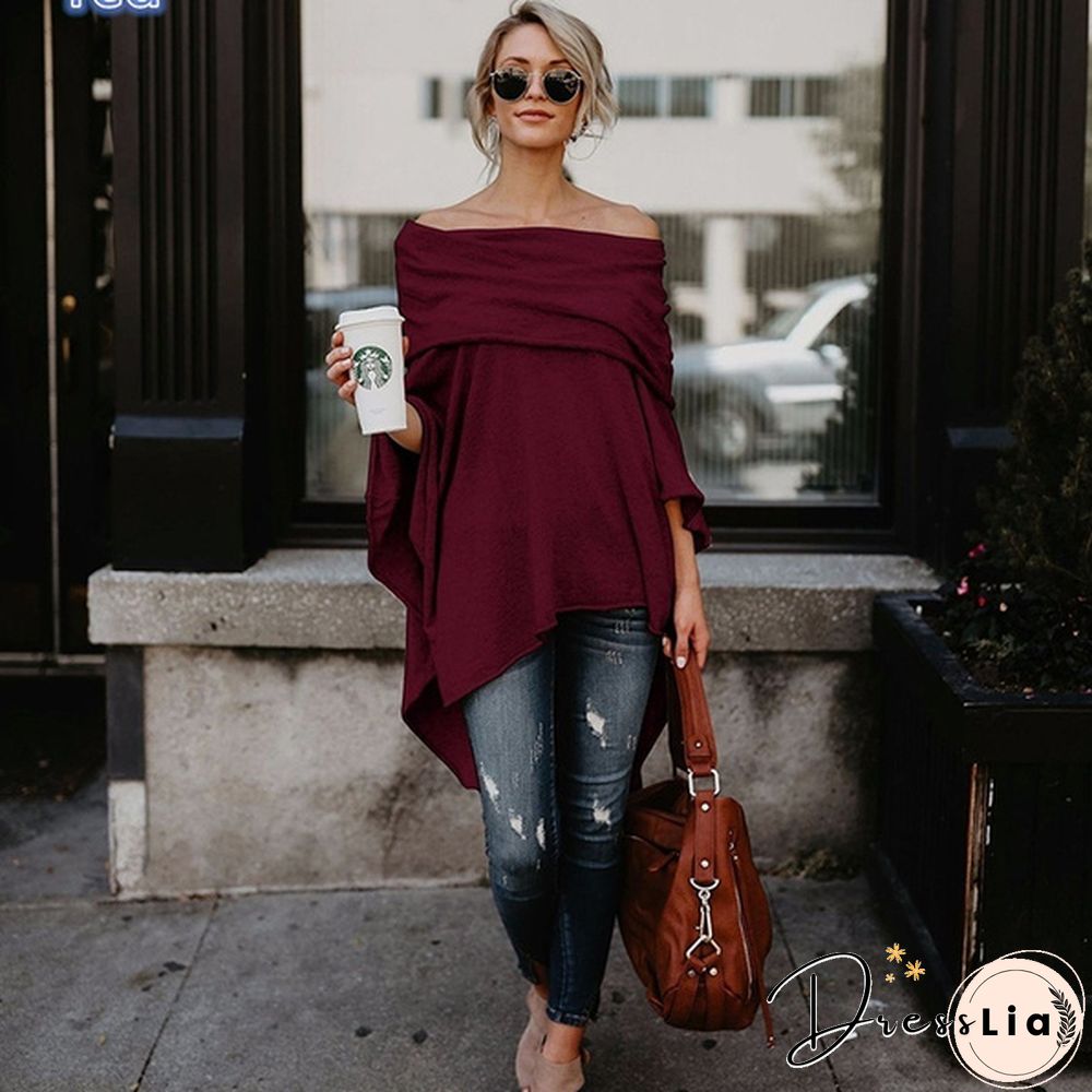 Sexy Women Gauffer Boat Neck Off Shoulder Loose Blouse Bat Sleeve Casual Shirts