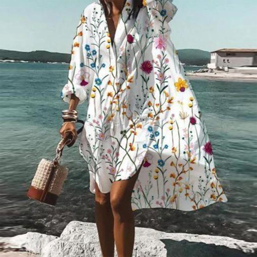 Baggy Plant Print V-Neck Mini Dress