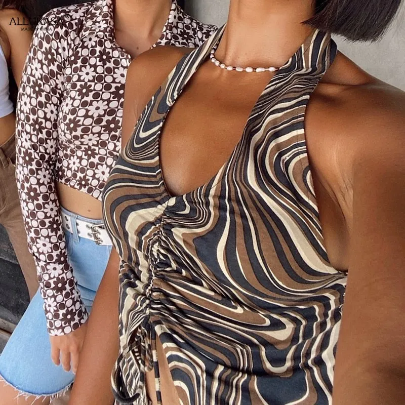 sexy blouse Brown Camis Ruched Tie Up Crop Top Y2K Harajuku Tank Top Backless Halter Cute Tee Top Women Party Beach Sweat New