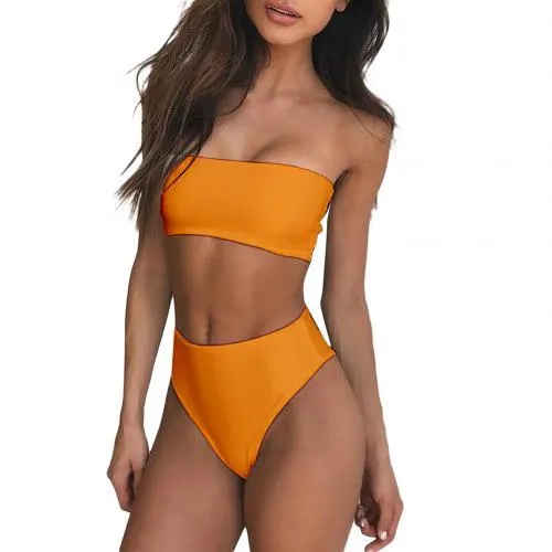 Sexy Women Solid Color Tube Top Bandeau High Waist Panties Set Bikini Swimwear