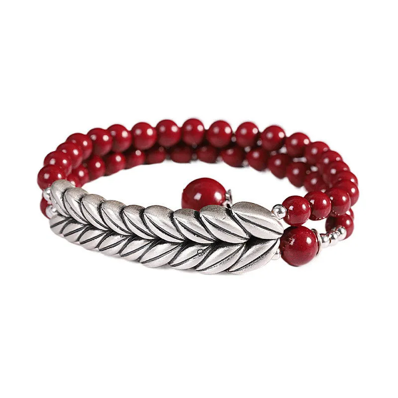 Silver Cinnabar Wheat Pattern Blessing Bracelet