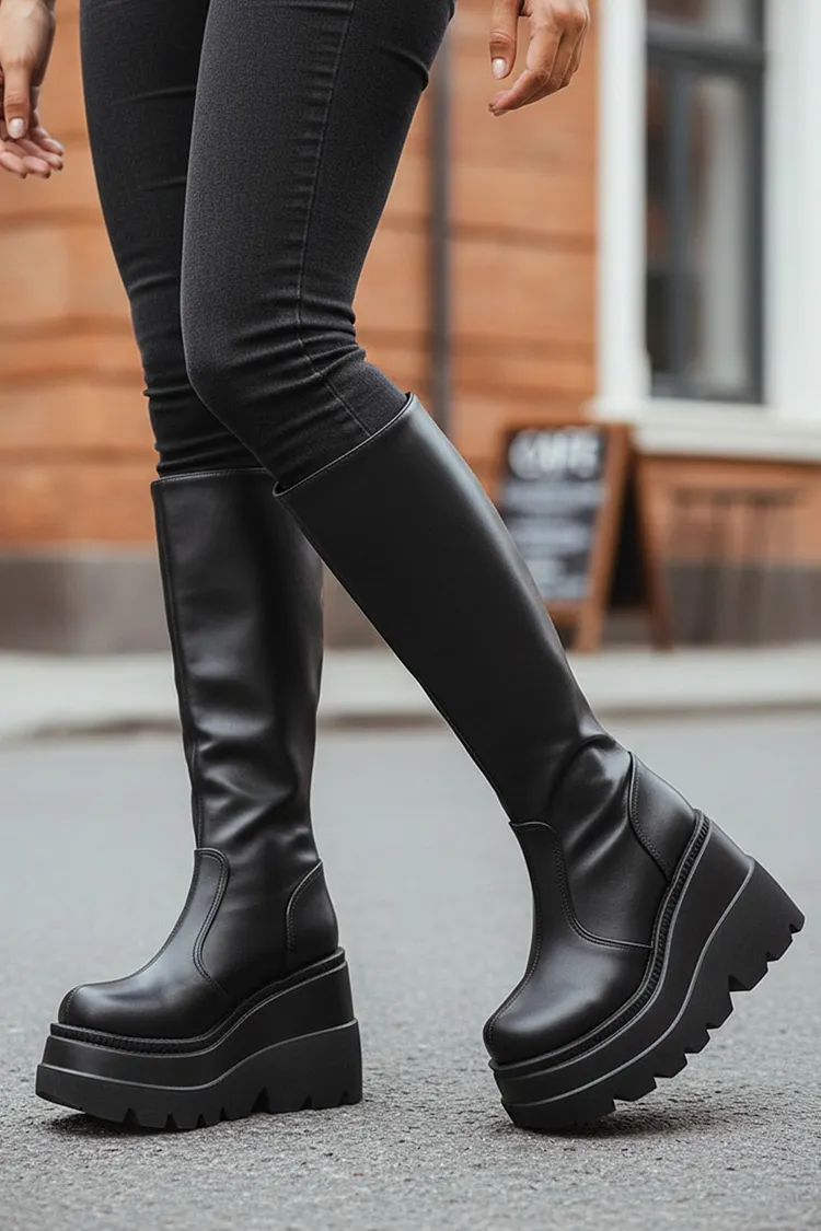 Black Kneel High Wedge Platform Boots