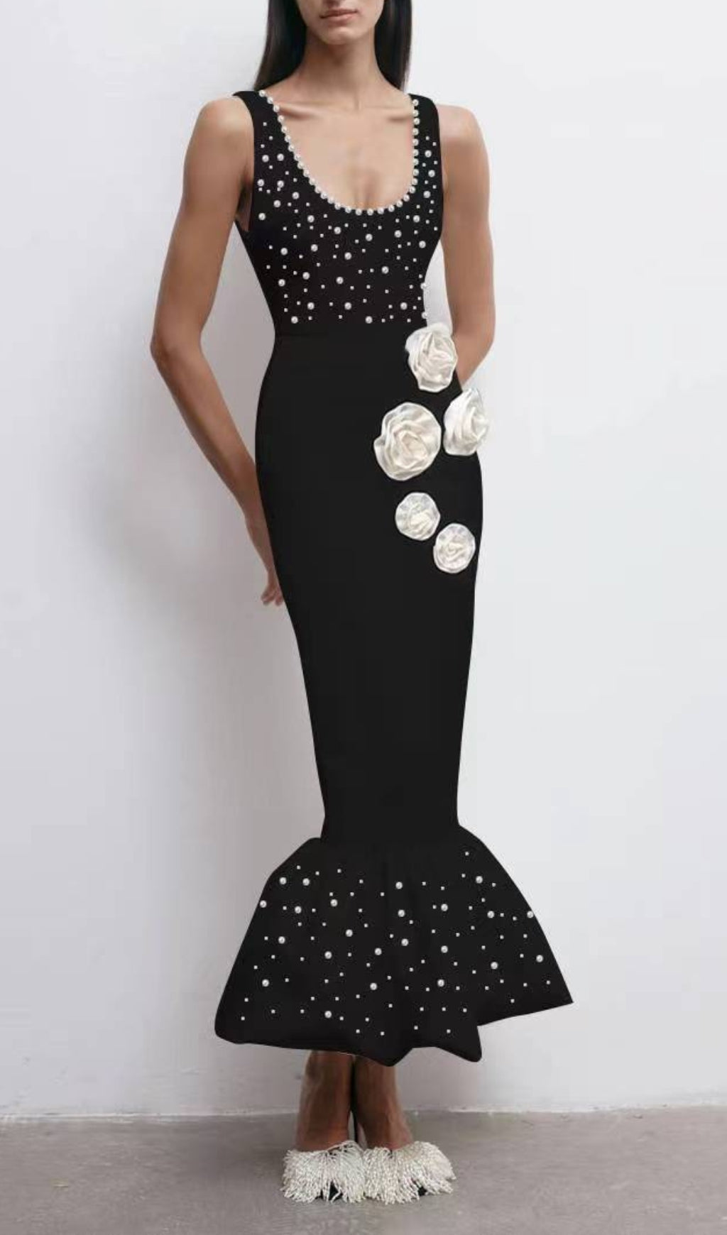 Bebe Black Flower Pearl Mermaid Midi Dress Flowering Girl
