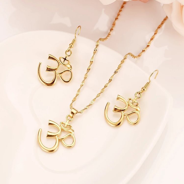 24 K Hindu Buddhist AUM OM Necklace earring Hinduism Yoga India Outdoor Sport  Jewelry set