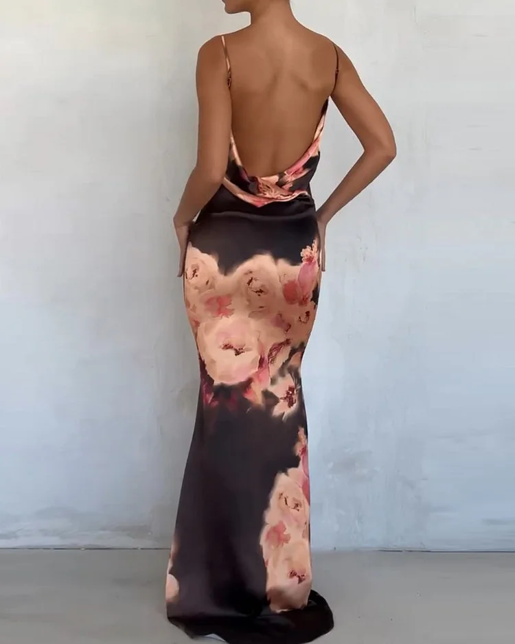 Sleeveless printed backless dress