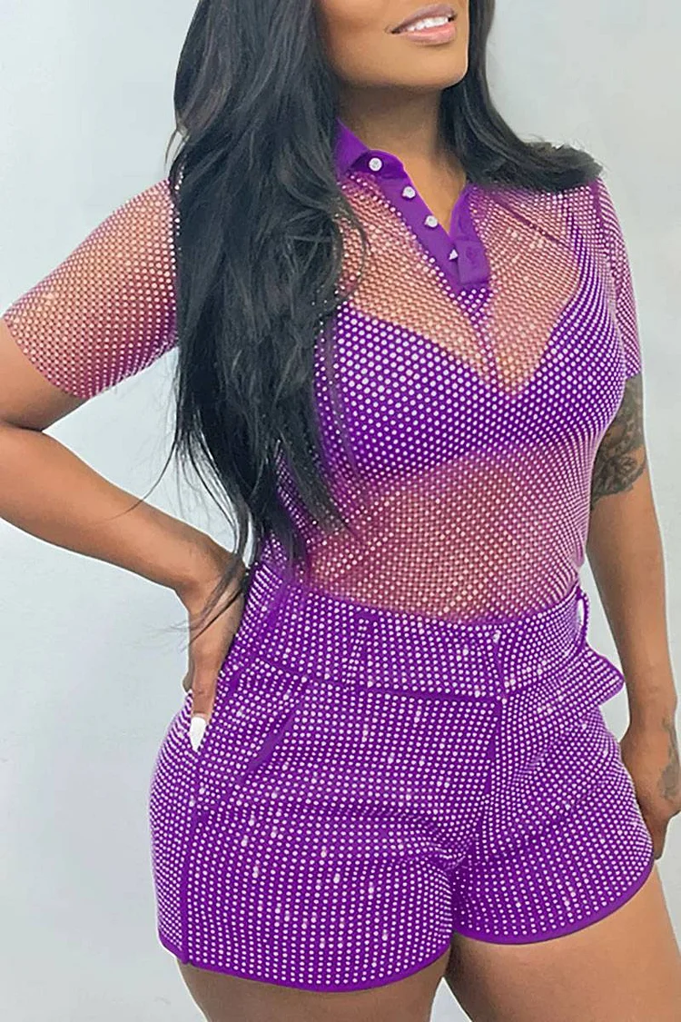 Plus Size Purple Daily With Pocket Shiny Shorts [Pre-Order]