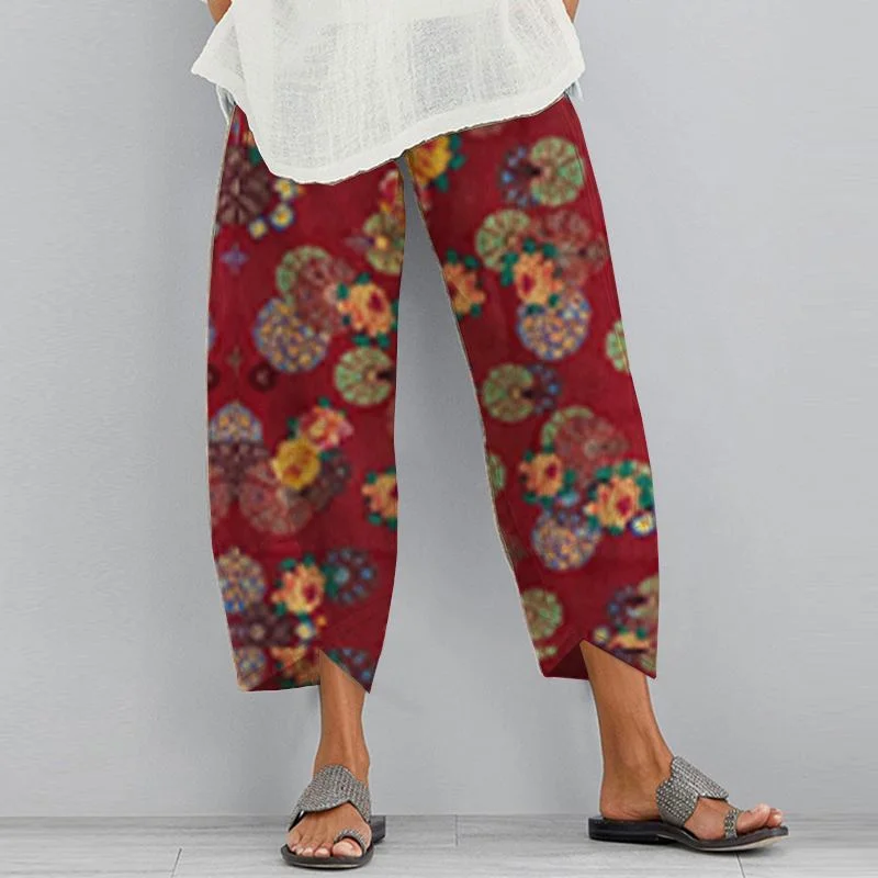 ZANZEA Vintage Floral Printed Pants Summer Women Cotton Linen Trousers Harem Pants Elastic Waist Loose Pantalon Pant